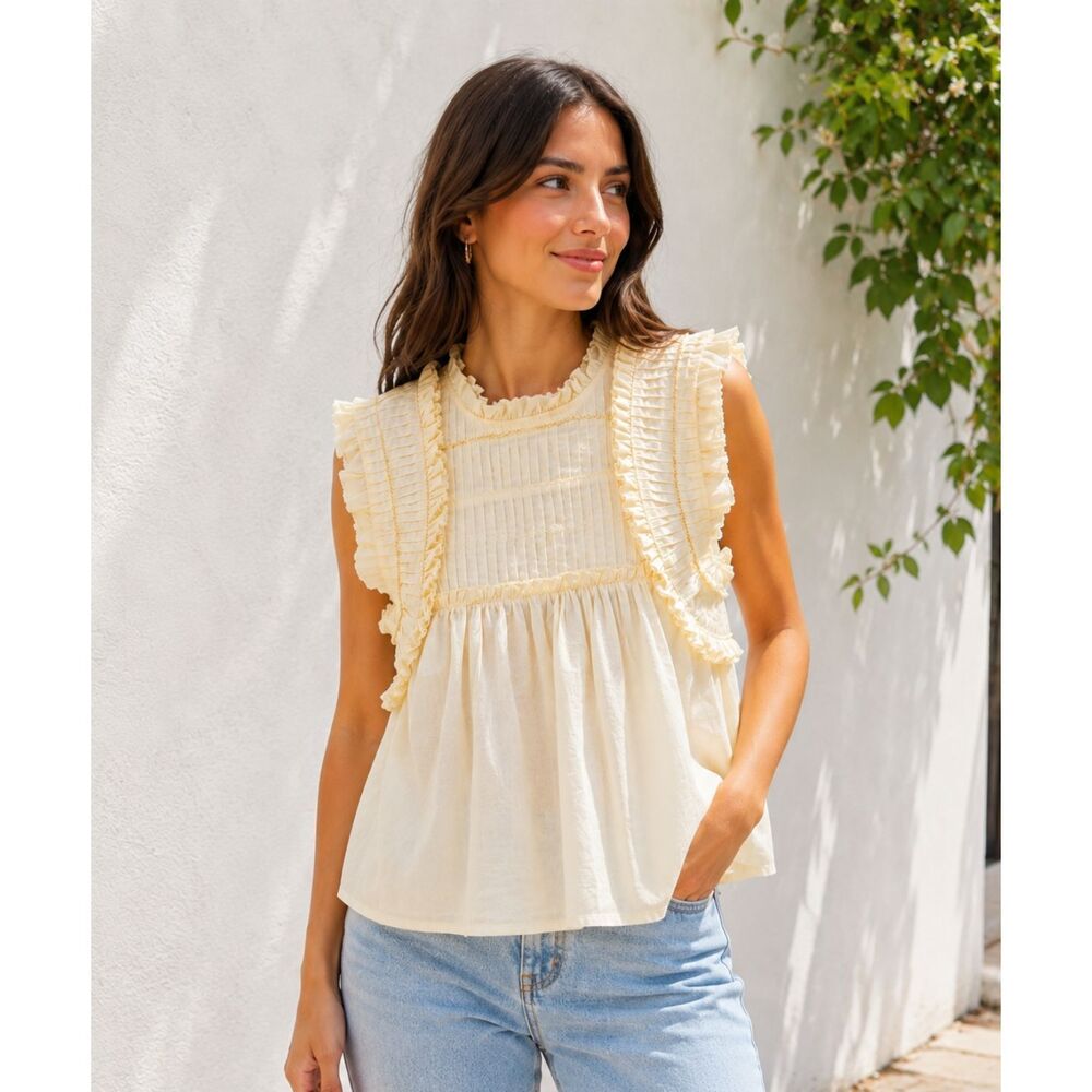 Calypso St. Barth Cream Cotton Pleated Ruffle Boho Blouse Top Size M NWT